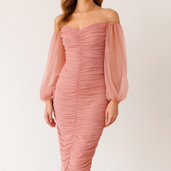 goodtimesusa Dresses & Skirts - NWT Kylie Pink Off-Shoulder Ruched Mesh Sleeve Dress - Size S
